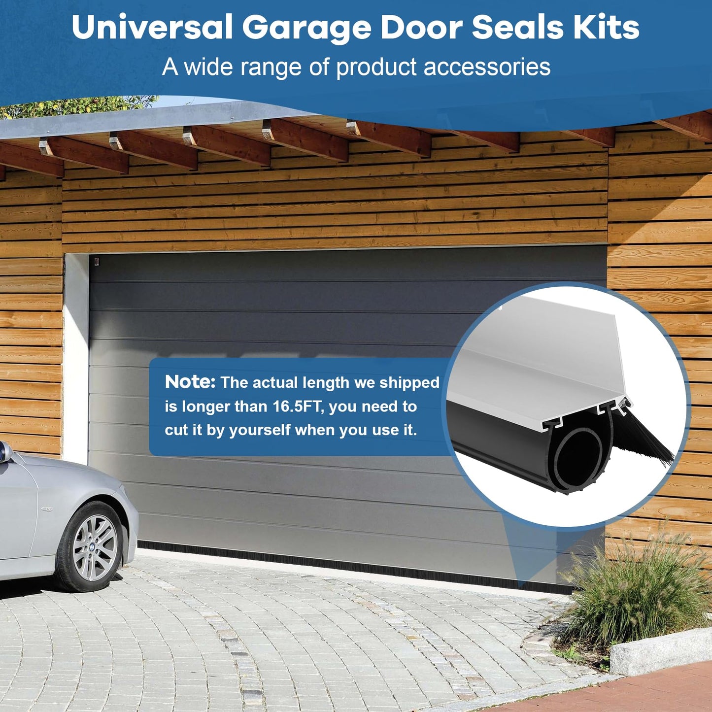 16.5FT Garage Door Seals Kit, Heavy Duty U&O Shape with Extended 3.35FT x5 Aluminum Tracks & 5CM Brush, Weatherproofing Garage Door Weather Stripping Rubber Kit with Oxidized Frosting Process