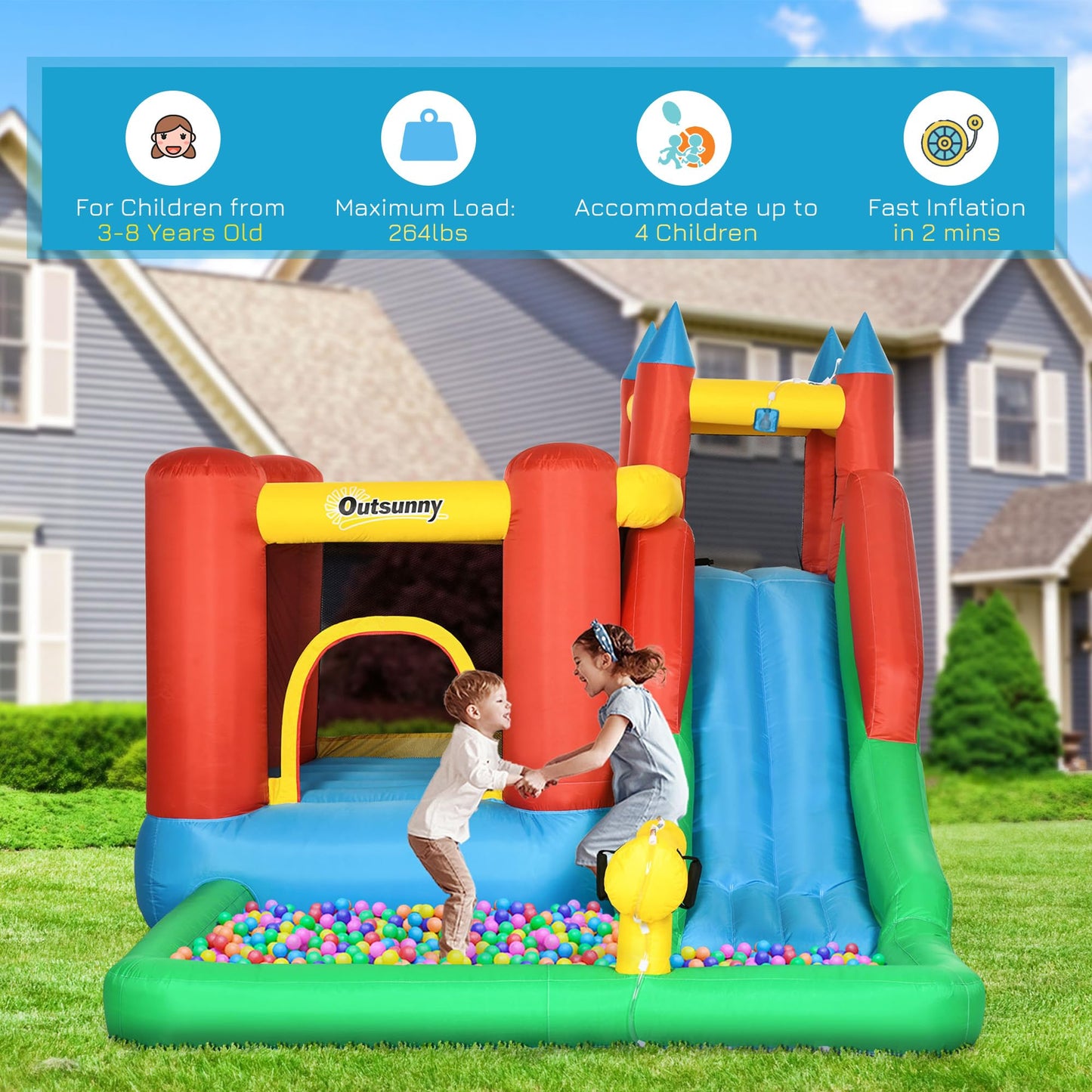 Outsunny 6-in-1 Kids Bounce House Inflatable Water Slide with Pool, Water Cannon, Climbing Wall, Inflator Included, Jumping Castle Kids Backyard Activity Outdoor Water Play Toy