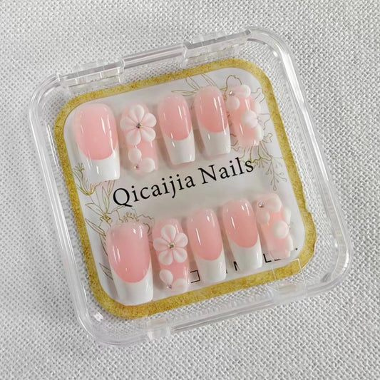 Luxury Press on Nails Medium Square Handmade Fake Nails 3D Flower Embossed False Nails White French Tip Acrylic Nails Press Ons with Designs Pink Full Cover Artificial Nail for Women 10Pcs(Size M)
