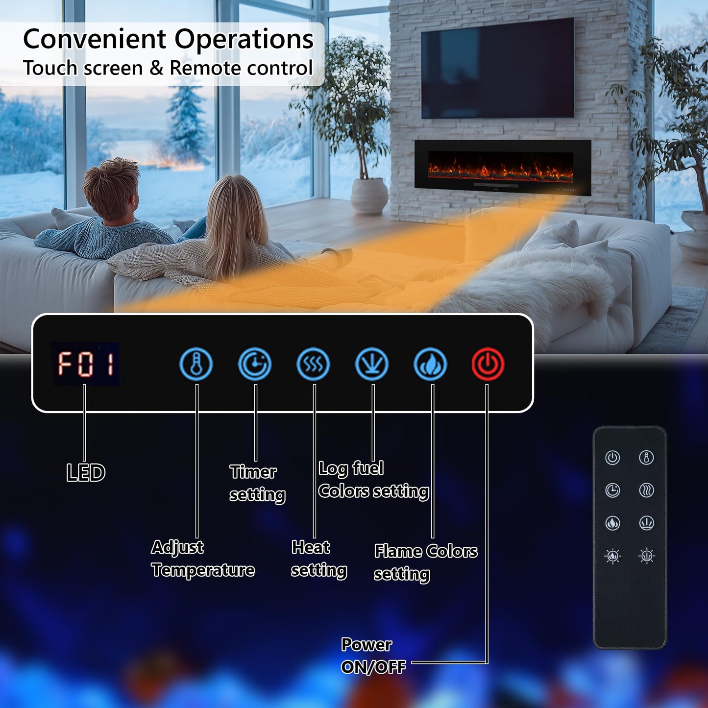 Dreamflame 60" Electric Fireplace, Recessed & Wall Mounted Fireplace Heater 13 * 13 Colors Flame &Fuel Bed w/5 Dimmer, Touchscreen &Remote Control Temp, Overheating Protect, Hardwired, 1500W, Black