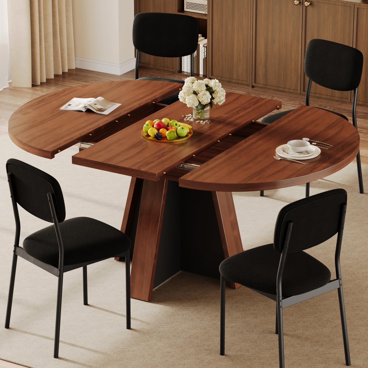 Einhomn 5-Piece Extendable Round Dining Table Set for 4-6, 59 '' Kitchen Circle Table with 4 Chairs, Space-Saving Wood Base Dining Set for Kitchen, Living Room