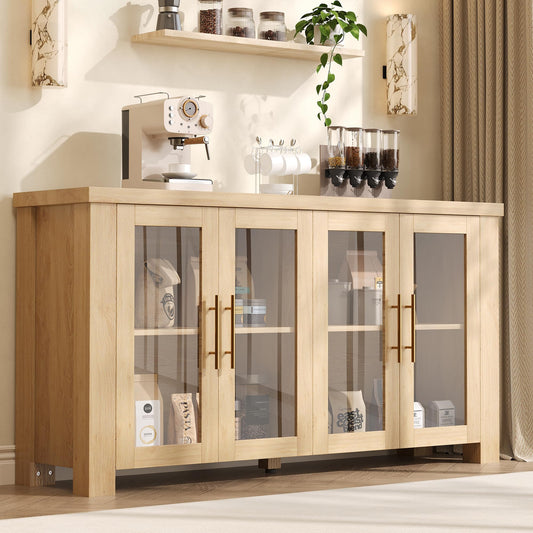Garvee Buffet Cabinet with Storage, 59" Sideboard Credenza with Tempered Glass Doors, Wood Buffet Table for Living Room, Dining Room, Kitchen, Natural Wood