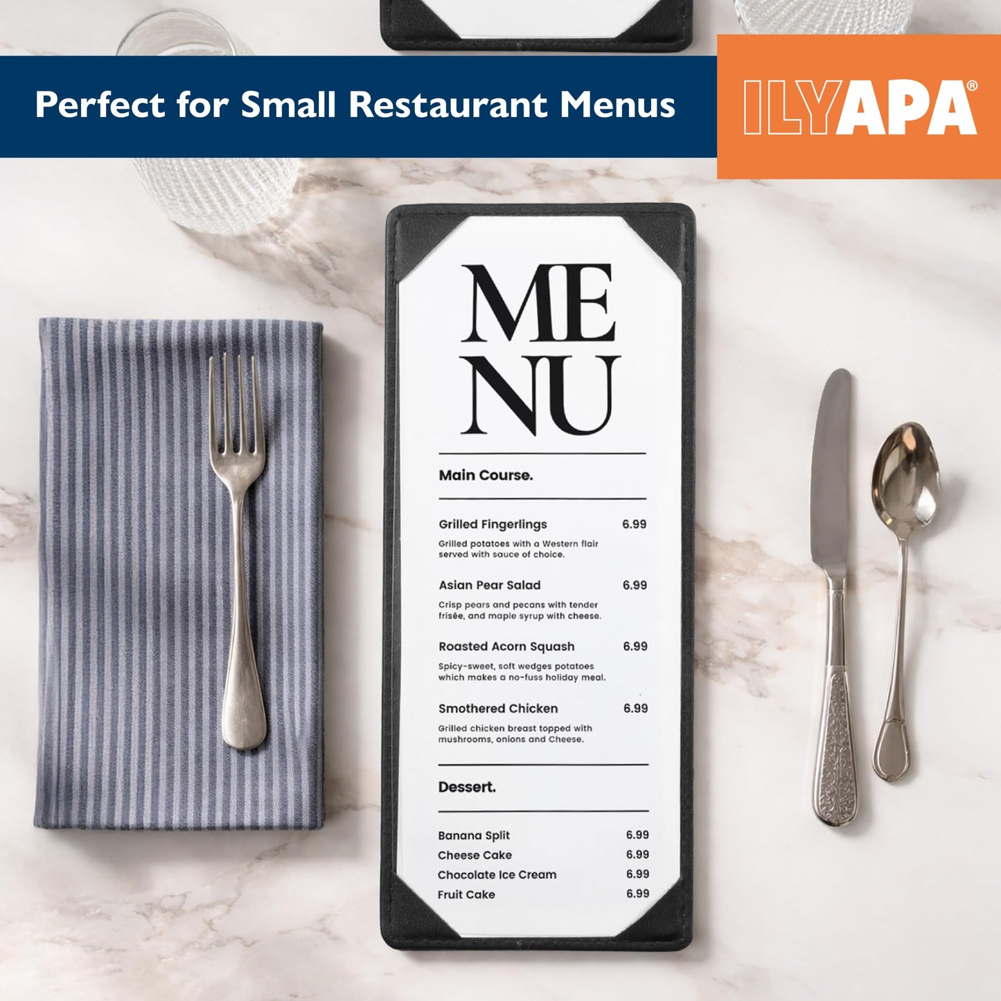 Ilyapa 5 Pack Restaurant Menu Covers 4.25 x 11 - Vinyl Leather Menu Holder, Single Sided Book with Corner Sleeves for Display of Wedding Menus, Weekly Kitchen Specials & Bar Drinks for Table Top