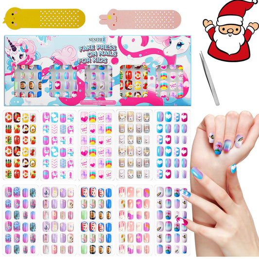 240Pcs Kids False Nail with Nail Glue Children Girls Press on short Nails No fading Stable Quick Stick on Cute Pre Glue Full Cover Acrylic Nail Tip Kit Gift for Kids Nail Decoration(Rainbow Unicorn）