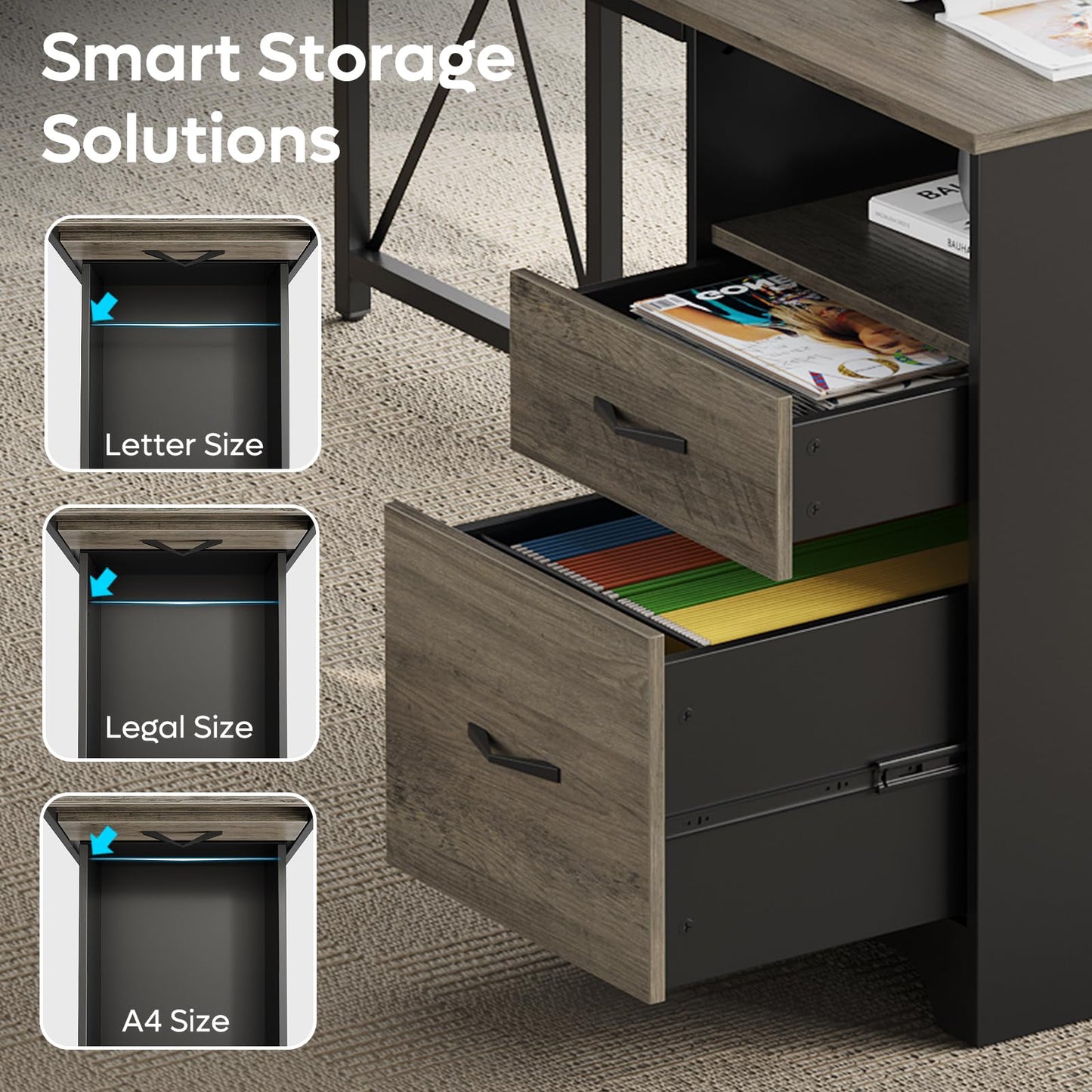 Bestier L Shaped Desk with 4 Drawers, 63" x 47" Executive Desk with Open Storage & Monitor Stand, Corner Desk with 2 File Drawers & Modesty Panel for Home Office, Gray