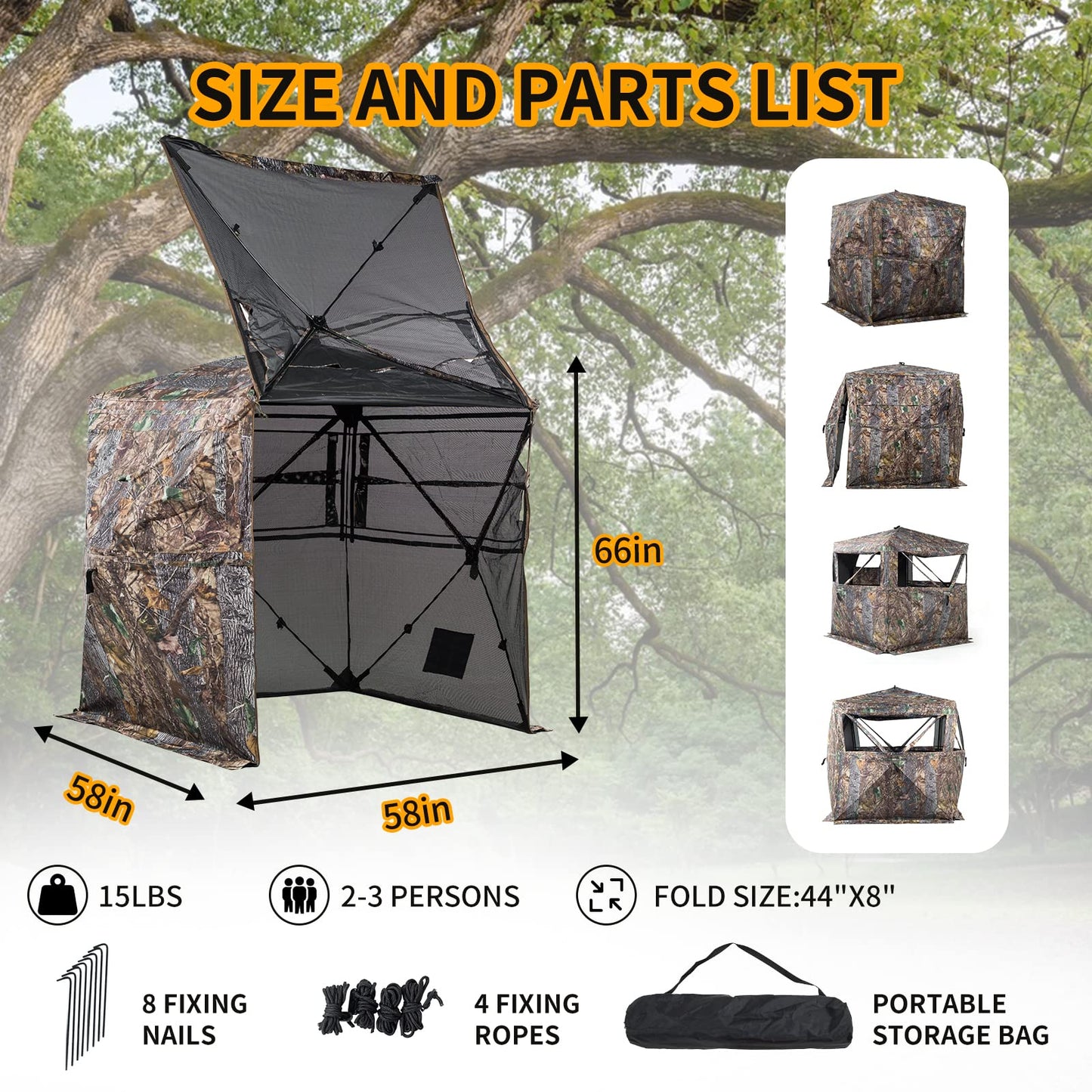 FUNHORUN Hunting Blind 270/360 Degree See Through Ground Blind with Carrying Bag, 2/3/4 Person Pop Up Camouflage Tent Portable Concealed Shelter