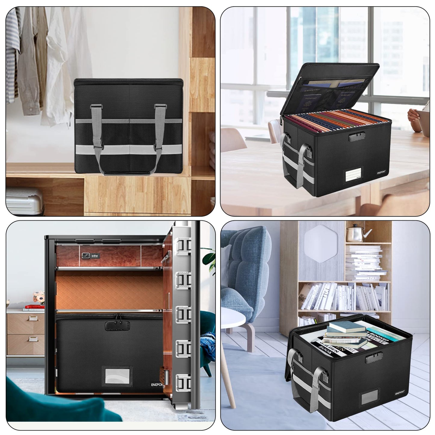 ENGPOW File Box with Lock,Fireproof Document Box with Zipper＆Pockets,Collapsible File Organizer Filing Storage Cabinet with Handle,Portable Home Office Safe for Hanging Letter/Legal Folder,Black