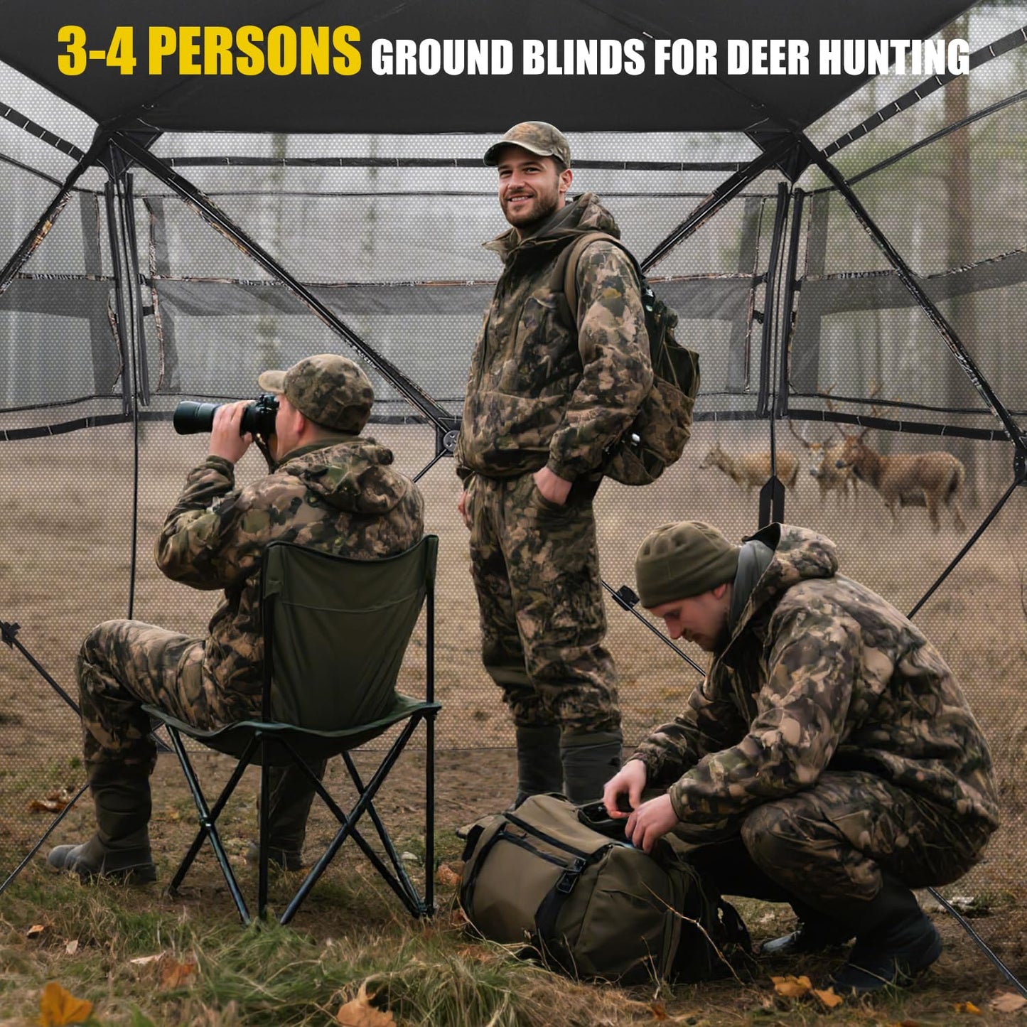 TYRSEN Hunting Blind with Magnetic Full Open Large Door & Silent Windows, 360° See Through Pop Up Ground Blind for 3-4 Person, Tent for Deer Turkey Hunting, Waterproof, Camo, Portable, Carry Bag