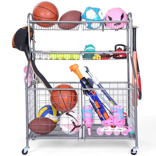 Kinghouse Rolling Sports Equipment Organizer with Wheels, Garage Ball Storage Rack for Basketball, Toys, for Garage, Indoor, Gym, Outdoo, Includes Metal Storage Bin, Bat Holder, Hooks