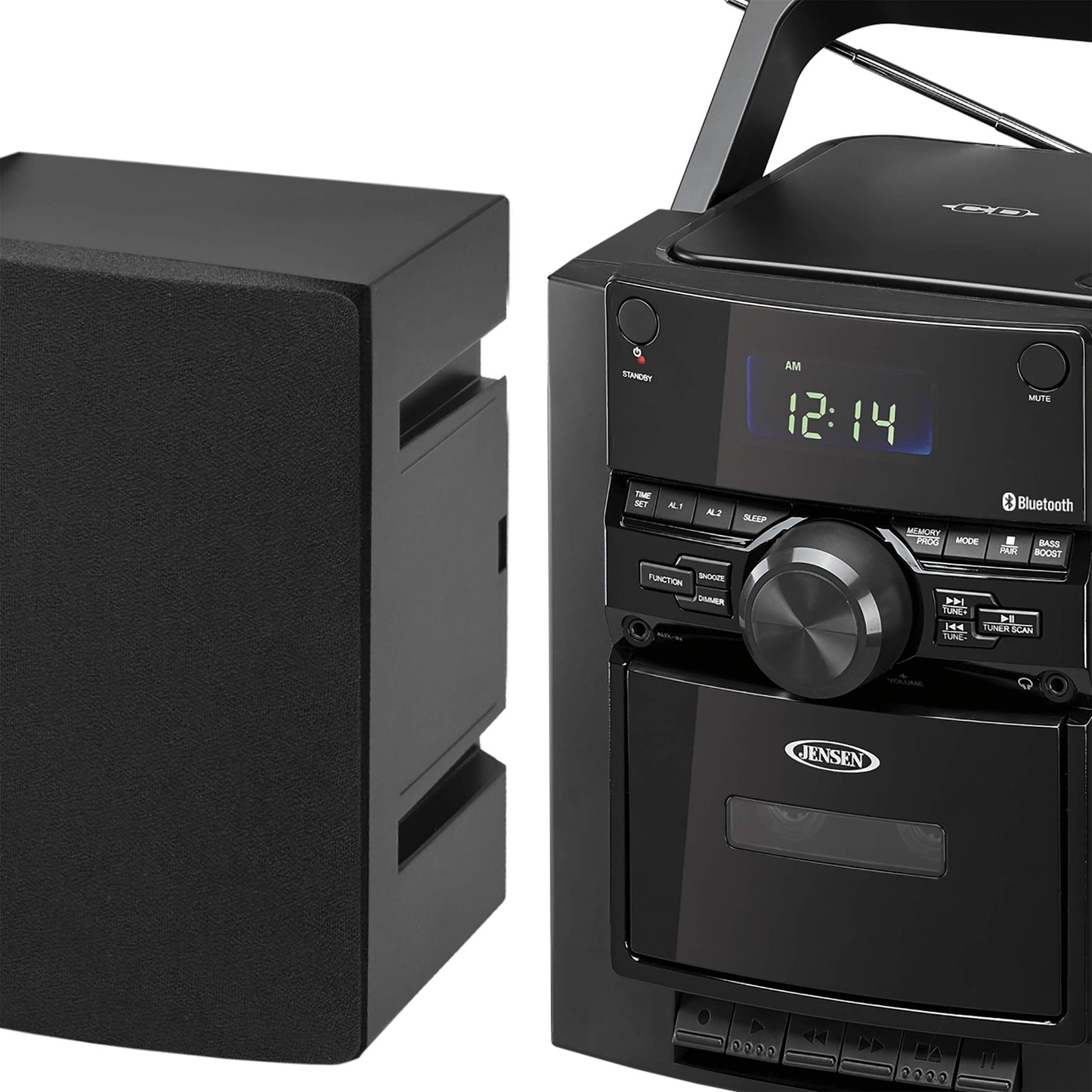 JENSEN 10-Watt Portable Bluetooth Home Stereo System with Detachable Speakers, CD/Cassette Players, AM/FM Radio, Alarm Clock, and Remote (CD-785)