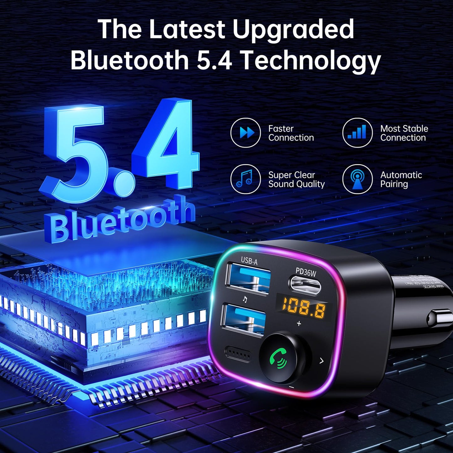 Syncwire Bluetooth 5.4 FM Transmitter Car Adapter 48W (PD 36W & 12W) [Light Switch] [HiFi Bass Sound] [Fast Charging] Wireless Radio Music Adapter LED Display Hands-Free Calling Support USB Drive