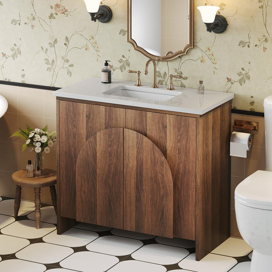 YITAHOME 36 Inch Arched Door Bathroom Vanity with Sink, White Artificial Stone Countertop, Undermount Ceramic Basin, Soft Close Hinge, Adjustable Shelf, Single Drain, Bathroom Vanities Cabinet