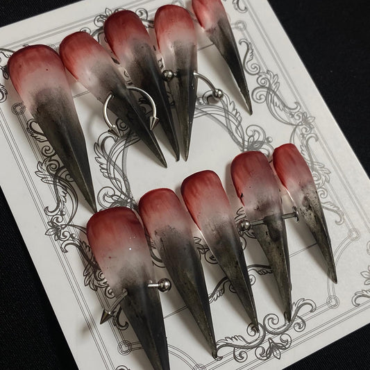 Halloween Press on Nails Luxury Long Stiletto Handmade Eagle Claw Reusable ABS Material Curved Black&Red Fake Nails Rivet Design Dragon Cat Claw Glossy Glue on Nail Thick Acrylic Nails(M)