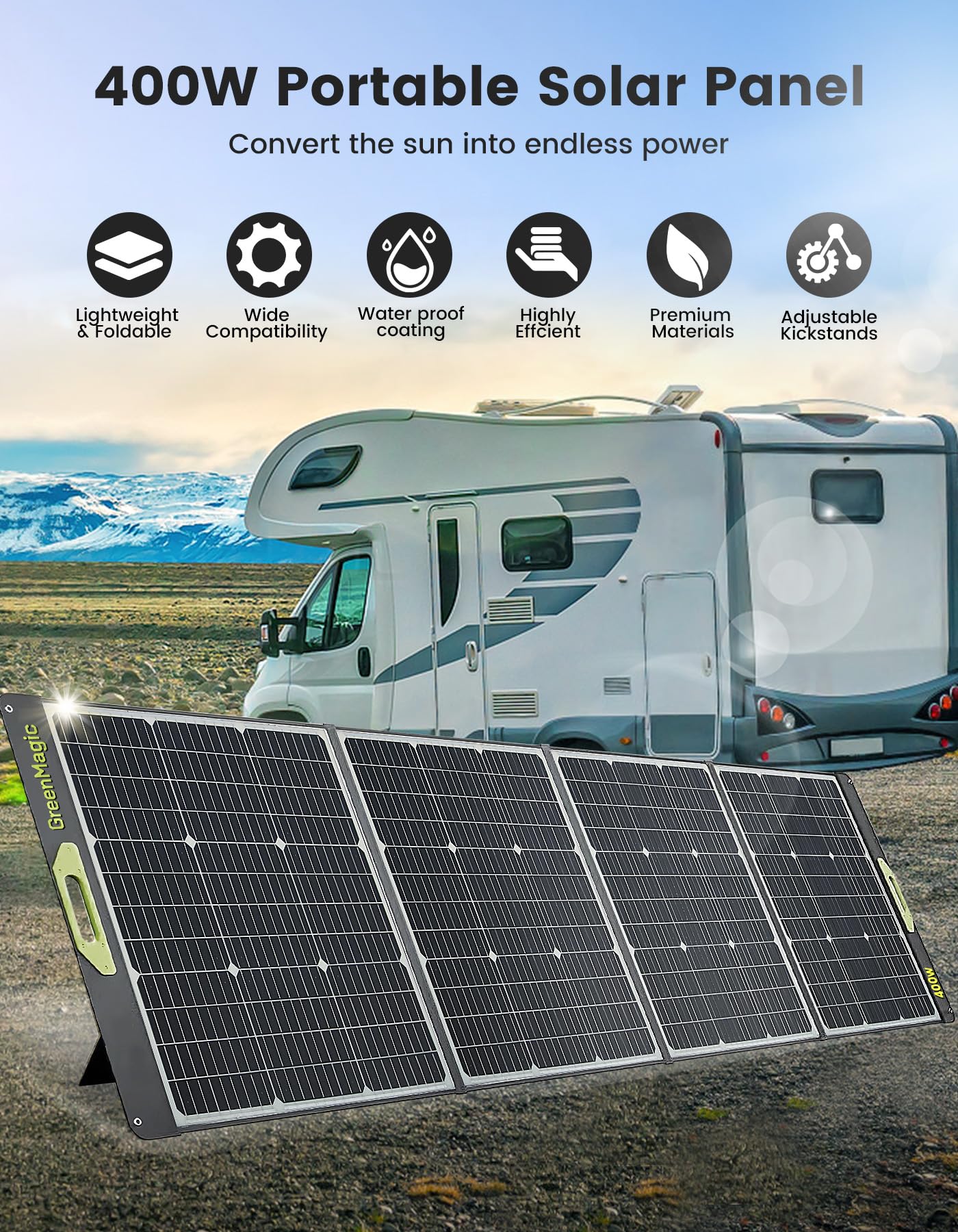 400W Portable Solar Panel, Greenmagic 400W 39V Foldable Portable Solar Panel Charger, with Output Connector for Camping RVing Home Backup IP67 Waterproof with an Adjustable Kickstand