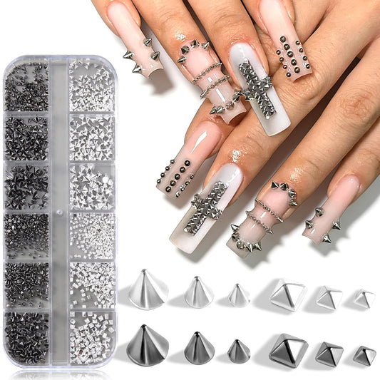 Furtherpretty Cone Spike Nail Charms Set, 3D Tiny Metal Square Pyramid Studs for Nails, Mixed Sizes Black & Silver Flat Back Punk Nail Charms, Gothic Y2K Rock Edgy DIY Manicure Decorations