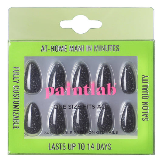 PaintLab Press On Nails - Black Night Crawler Short Almond Fake Nails, 30 Nails in 15 Sizes with Glue, Reusable Salon Quality Press On Nails