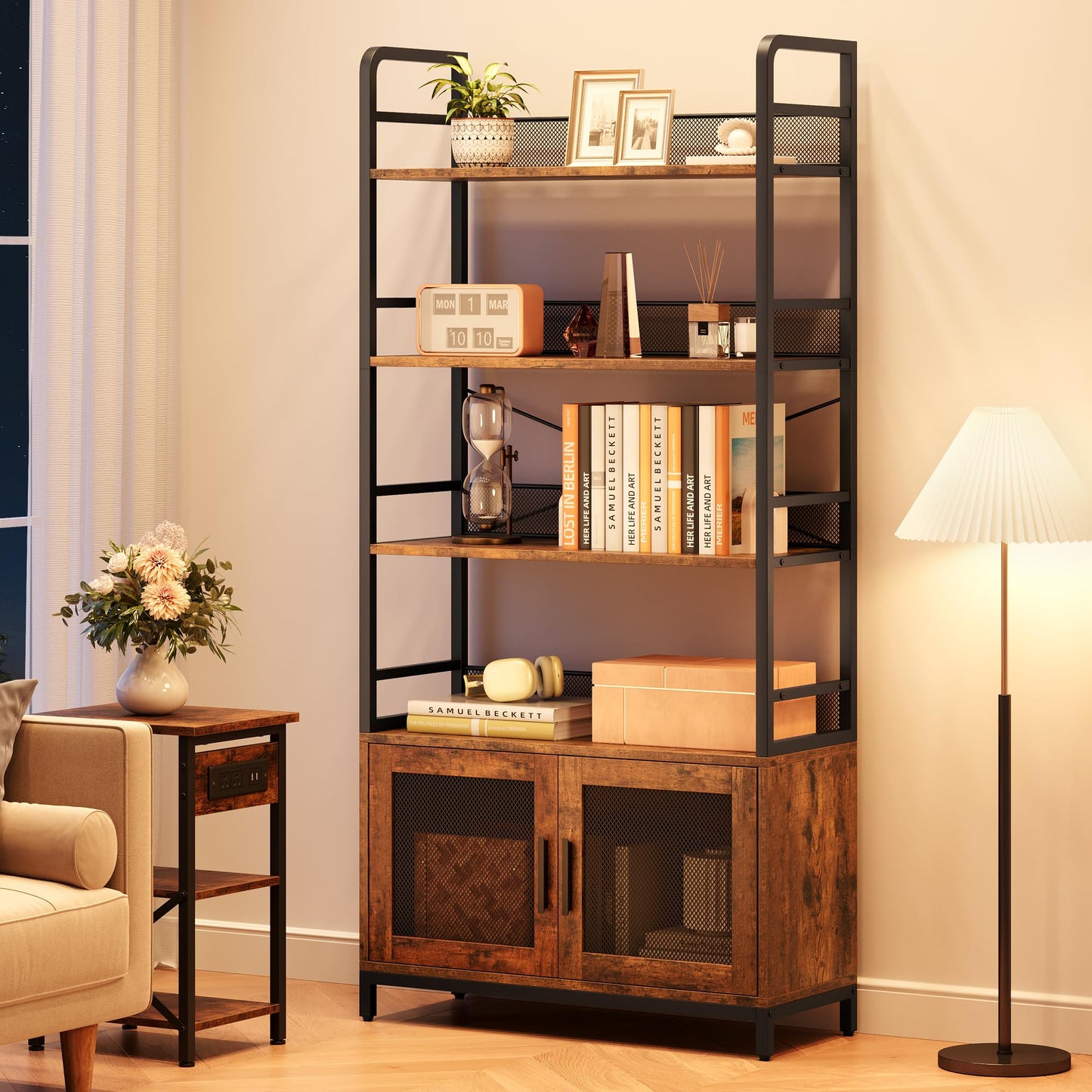 GarveeHome Bookshelf with Doors Industrial Bookcase with 4 Tiers Open Storage Shelf 70.87 in Tall Bookshelves Rustic Display Rack Cabinet for Bedroom, Living Room, Home Office, Brown