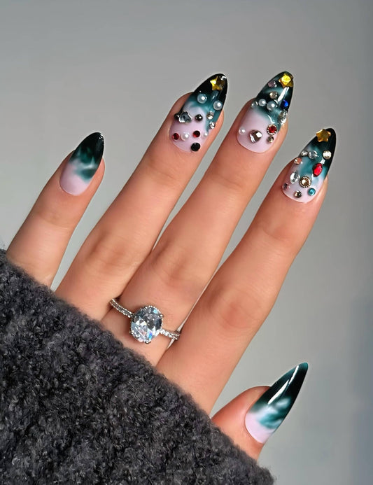 Ombre Blue Press on Nails, Medium Almond, French Tip, Acrylic Nail Kit for Women, Cute, Y2K & Luxury Style, Decorative 3D Gems, Salon Quality, 24 pcs Nailinism