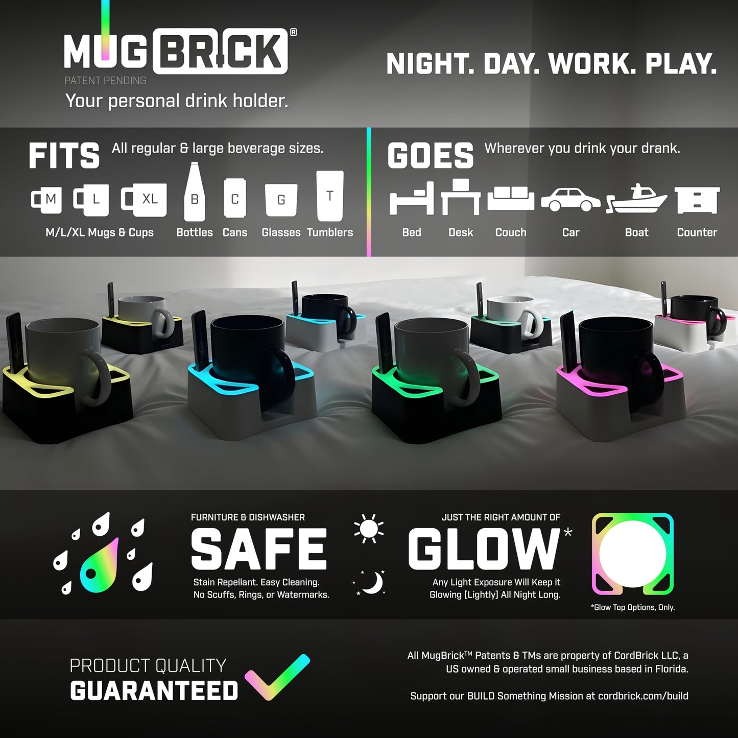 MugBrick Portable Silicone Cup Holder for Desk, Couch, Bed. Dishwasher Safe, Non-Spill Drink Holder for Office, Desktop, Sofa. Black