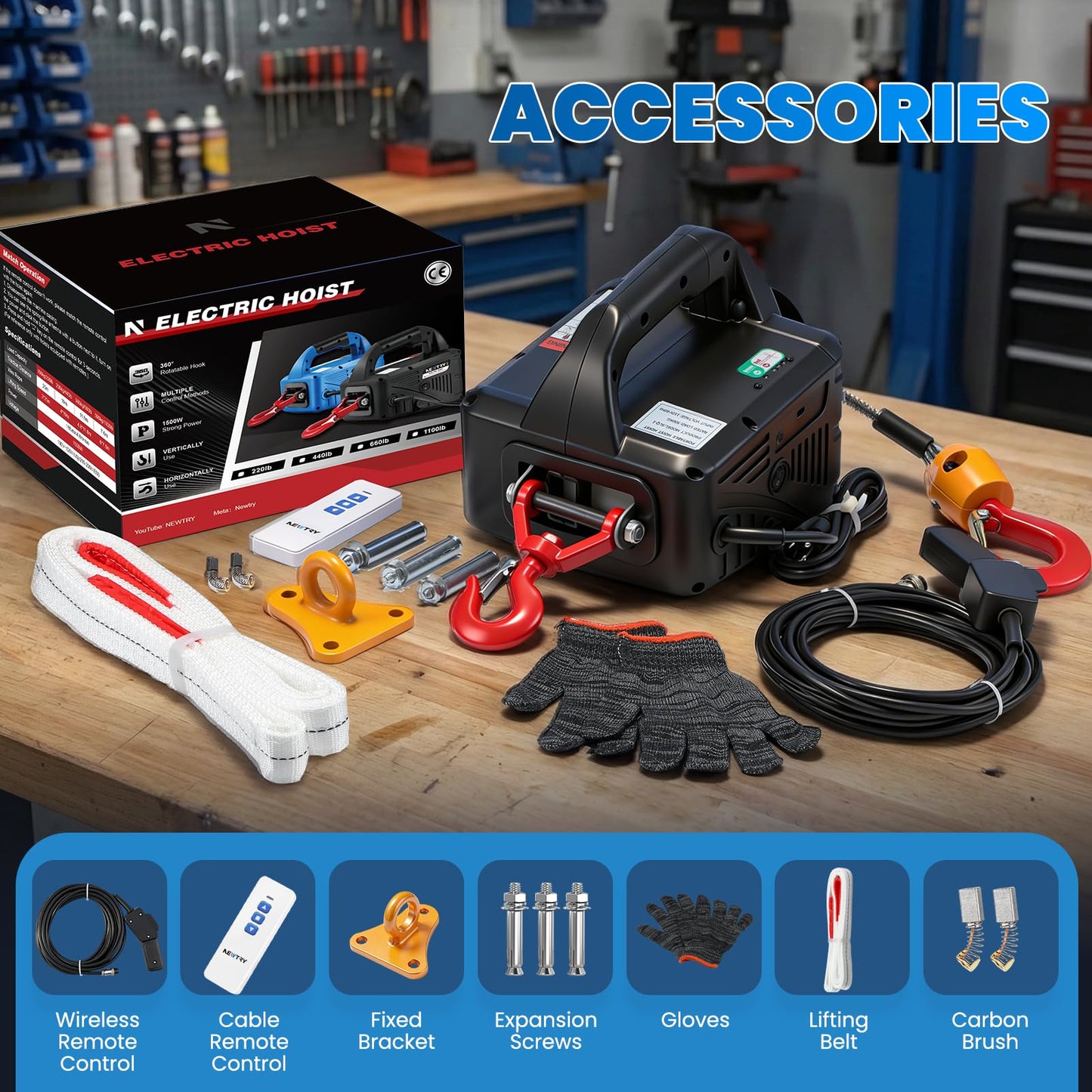 NEWTRY 3 in 1 Electric Hoist Winch 1,100lb Wireless Remote Control, Cable Remote Control, 110/120 Volt Portable Power Electric Hoist, Vertically & Horizontally, Lift 16ft/min