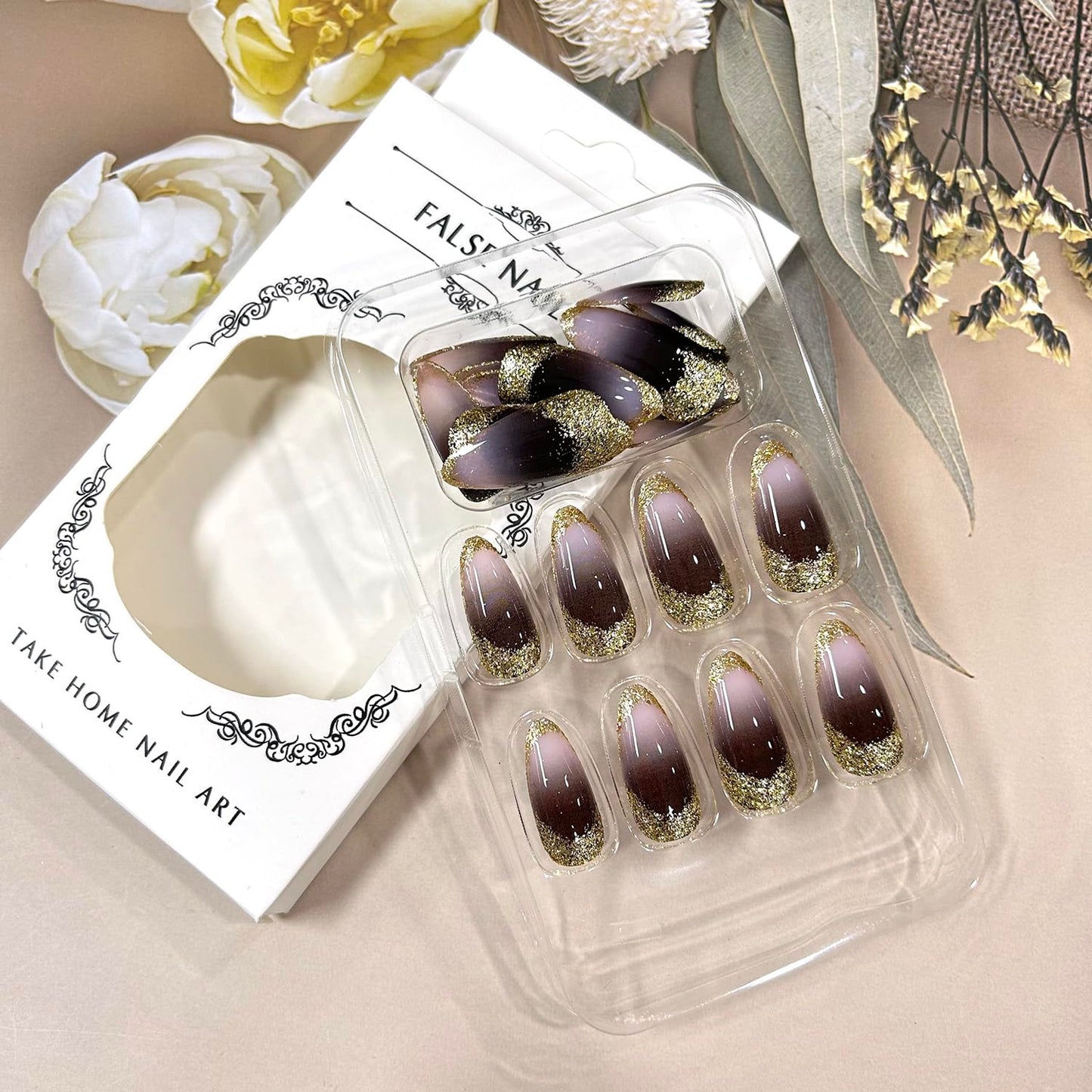 TBRZTR Brown Gradient Press on Nails Medium Almond Shaped Gold Glitter Powder Sequins Design Full Cover Press Ons False Nails Artificial Stick on Nail Acrylic Glossy Glue on Nails for Women 24Pcs