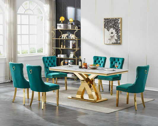 Pvillez 68.11" Marble Dining Table Set, White Dining Table with 6 Green Velvet Chairs, Rectangle Kitchen Table and Chair Set with Gold Stainless Steel Base, Luxury 7 Piece Dining Set for Kitchen