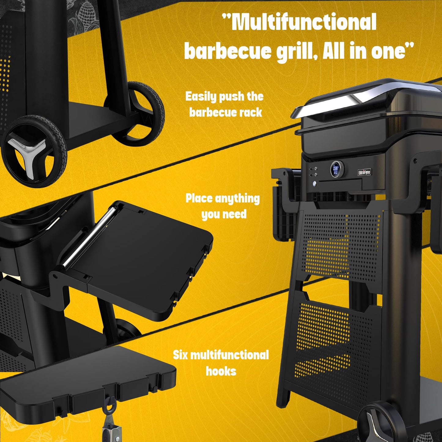 EliteFyre Volteq Smart Electric Grill with Cart - 1500W, 650°F, No Smoke Indoor/Outdoor BBQ, Digital Control & Meat Probe, Perfect for Apartment Balcony, Patio, Deck