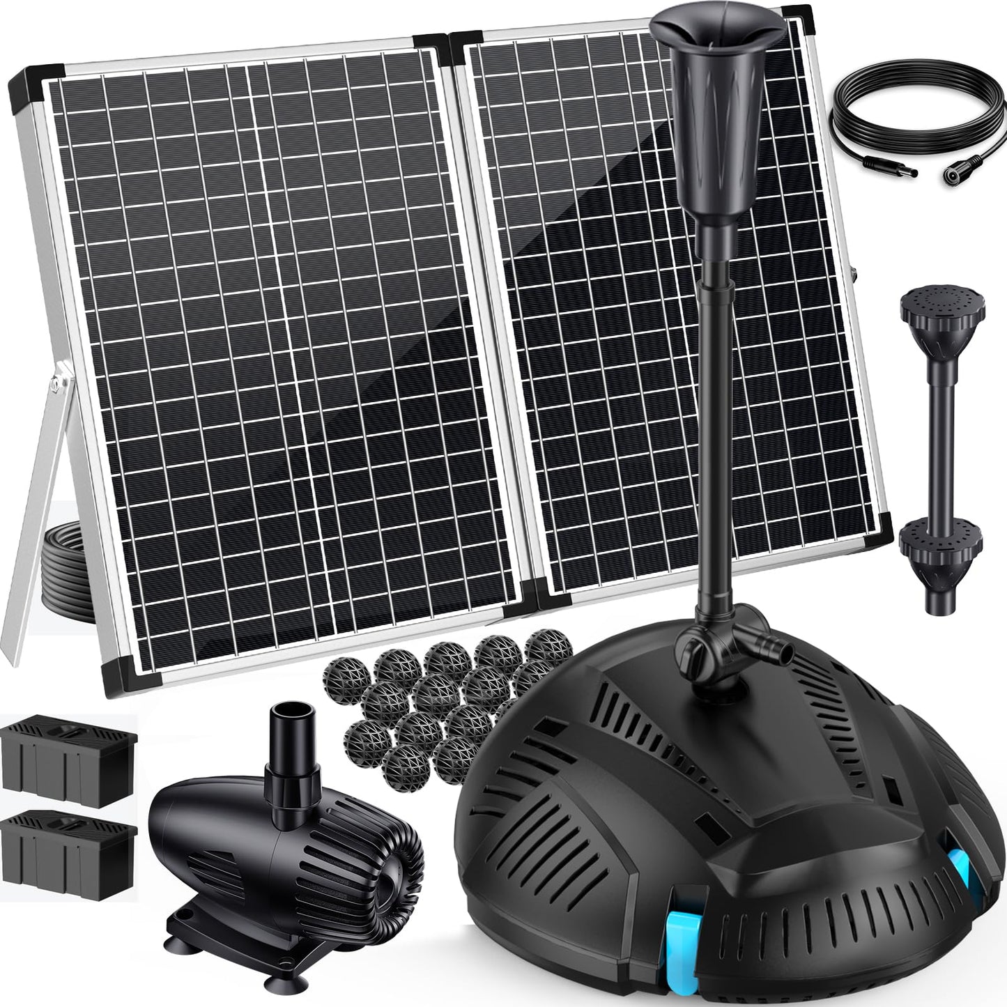 Antfraer 55W Solar Pond Filter with Water Pump, Solar Pond Filter Box with with 580GPH Pump & Fountain Kit & 6.6FT PVC Tubing for Outdoor Ponds Gardens Fountains Waterfalls Water Features
