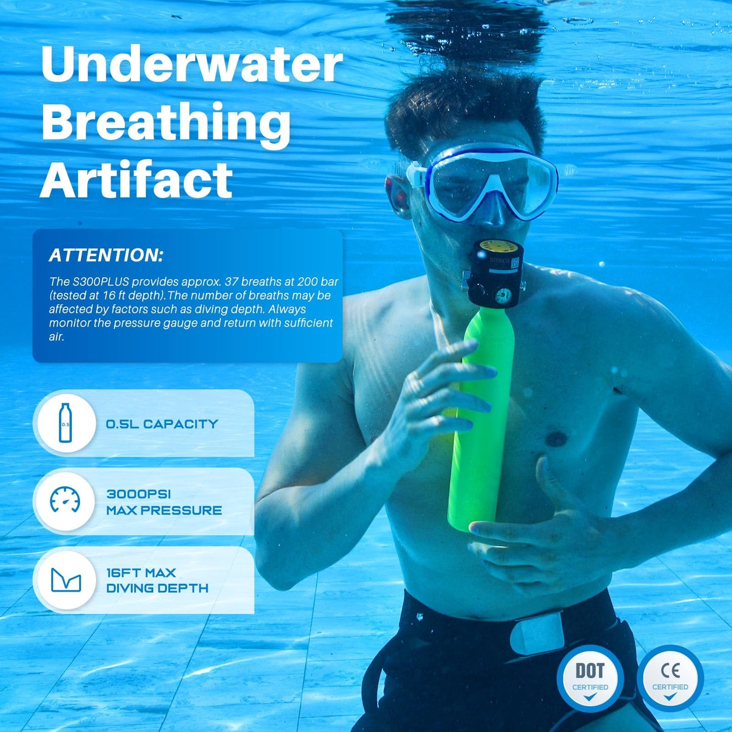 SMACO S300 Plus Mini Scuba Tank 0.5L Lung Air Tank Portable Diving Tank for Underwater Exploration Reusable Diving Cylinder Kit for Emergency Rescue Boat Cleaning Backup Air Source Pony Bottle
