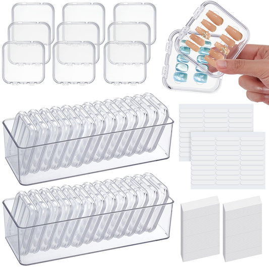 twinklemon 26PCS Press on Nail Storage Box with 2 Big Storage Boxes 60 Adhesive Double Sided Tape 100 Acrylic Nail Display Board Plastic Nail Display Box Fake Nail Case Clear Nail Packaging Boxes