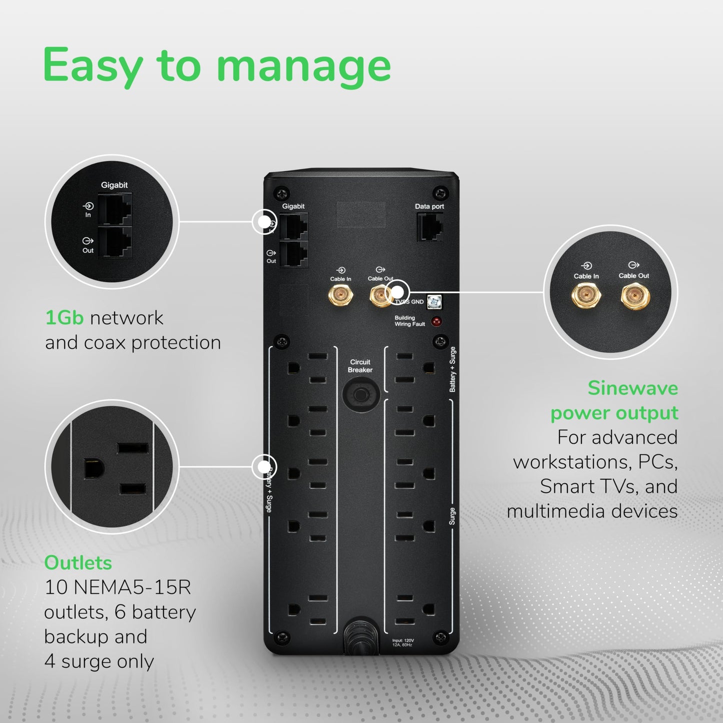 APC UPS Back-UPS Pro 1500VA Sinewave UPS, 900W Battery Backup & Surge Protector, AVR, 10 Outlets, LCD, USB-C & USB-A Charging Ports, BR1500MS2 Uninterruptible Power Supply for Computers, Electronics