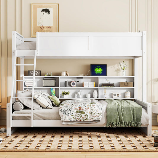 Merax Twin XL Over Queen Bunk Bed with 6 Storage Cabinets and USB Ports, Wooden Bed Frame with Ladder & Guardrails for Student Dorms and Guest Rooms, Antique White Color