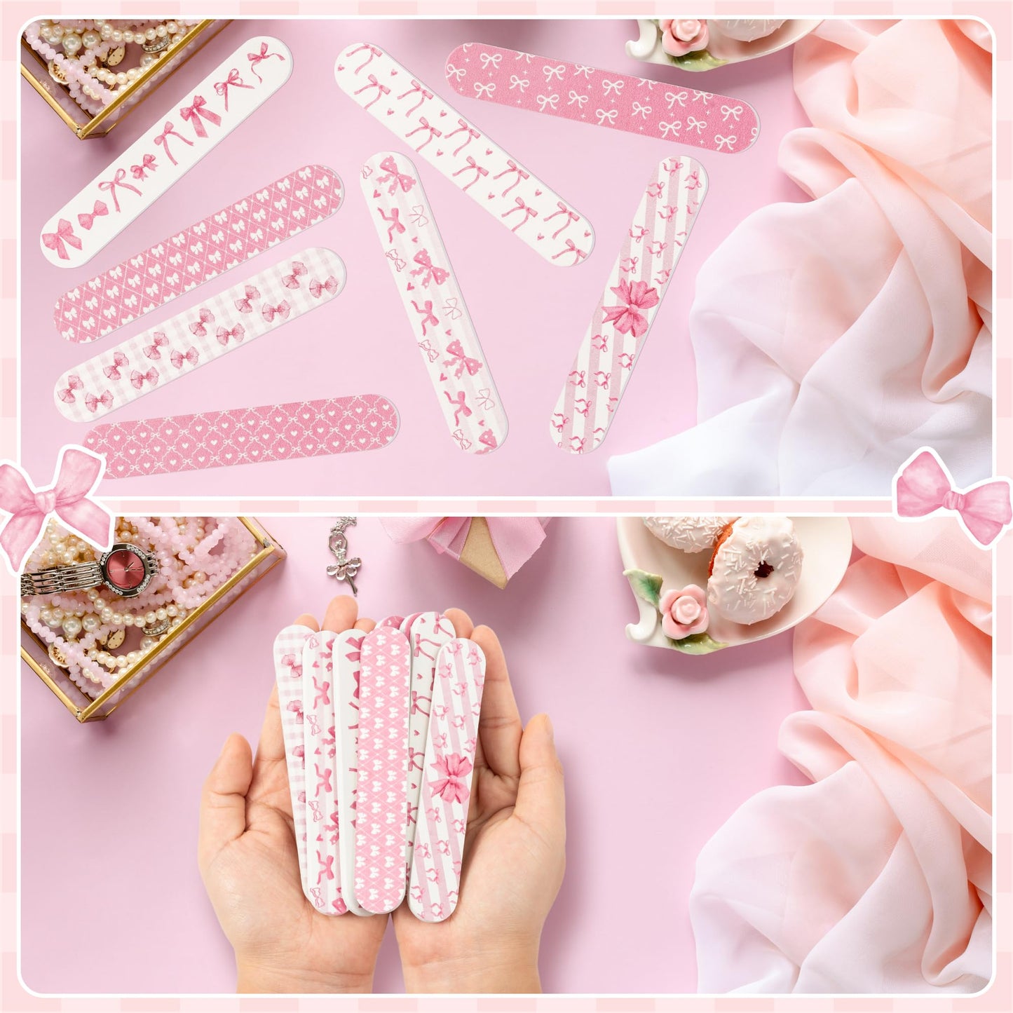 H1vojoxo Coquette Pink Bow Nail Files - 48pcs Coquette Pink Bow Double Sided Emery Boards for Girl’s Birthday Gifts Spa Party Emery Boards for Women Employee Coworkers Staff Wedding Party Nail Files