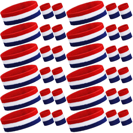 Eurzom 36-Piece Striped Sweatband Set: 12 Sweat-Absorbing Headbands and 24 Cotton Wristbands for Men, Women - Gym, Sports (White, Blue, Red)