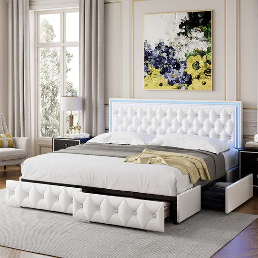 Keyluv Queen Upholstered LED Bed Frame with 4 Drawers, PU Leather Platform Storage Bed with Adjustable Button Tufted Headboard and Solid Wooden Slats Support, No Box Spring Needed, White