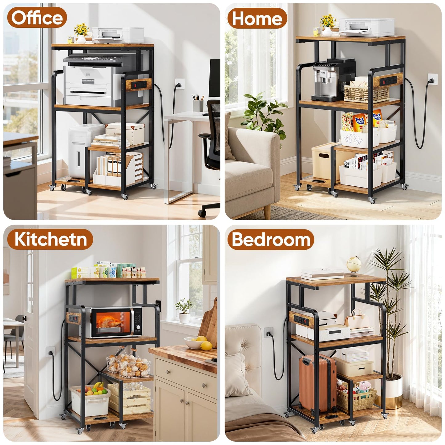 POKIPO Large 4 Tier Printer Stand, 26.7 x 21.2 x 50.2 Inches Tall Printer Cart with Power Outlets 4-Adjustable Heavy Duty Rolling Shelf for Home Office Kitchen Stand for Paper Shredder Mini Fridge