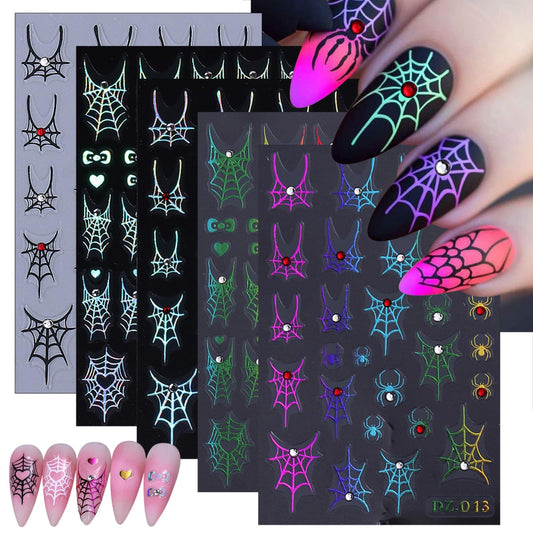 4 Sheets 5D Embossed Halloween Nail Art Stickers Self-Adhesive French Tip Spider Web Nail Decals Laser Gold Silver Rhinestones Spider Nail Designs Stickers Holiday Nails Decoration for Women DIY