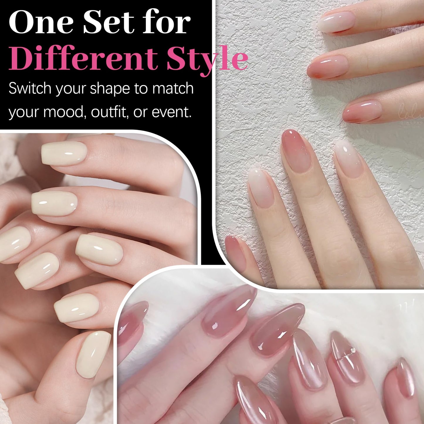QIEK 450PCS Short Almond & Round & Square - 3 Styles Nail Tips, 70-Grit Pre-Etched Press On Nail in 15 Sizes, Fake Nail Extension Kit for Acrylic Gel Nail Art DIY Salon