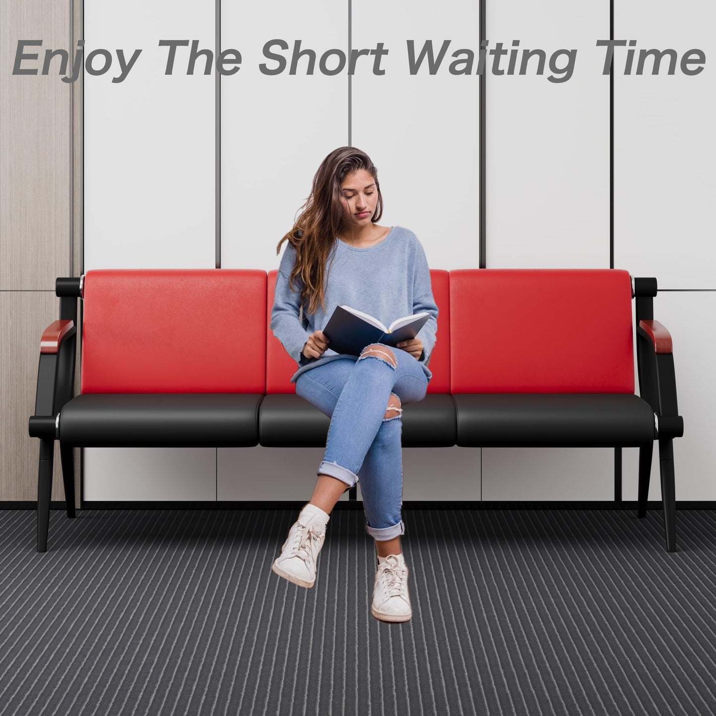 wonline Waiting Room Bench, Office Furniture Reception Chairs with Arms, Leather Chairs is Suitable for Clinic,Airport,Hospital,Barber,Salon,Bank-(Red&Black,4pcs)