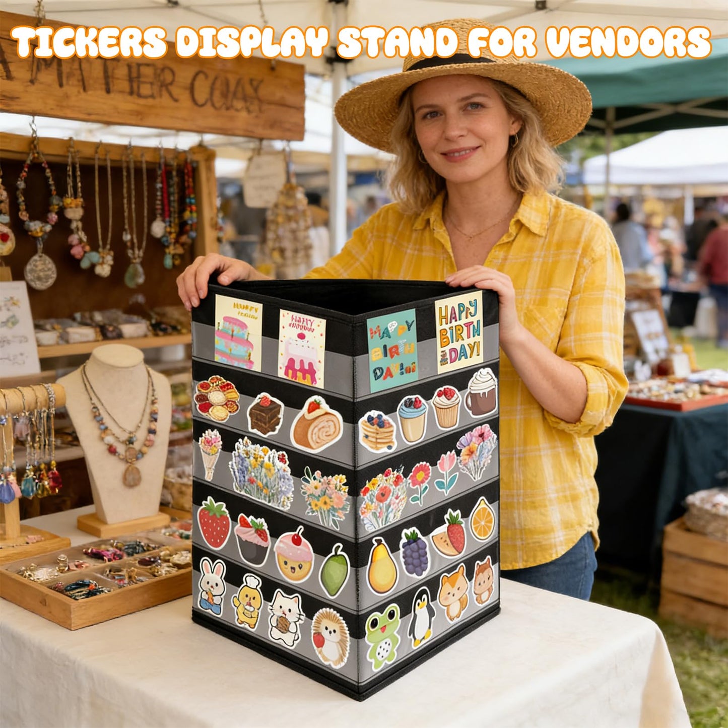 FUPMILPHRANX 2 Pcs 3 Sides 5 Layers Portable Stickers Display Stand for Vendors Big 4'' Stickers, Foldable Sticker Holder for Vendor Events & Small Business, No Assembly Required, Black, 16.5 x 40in