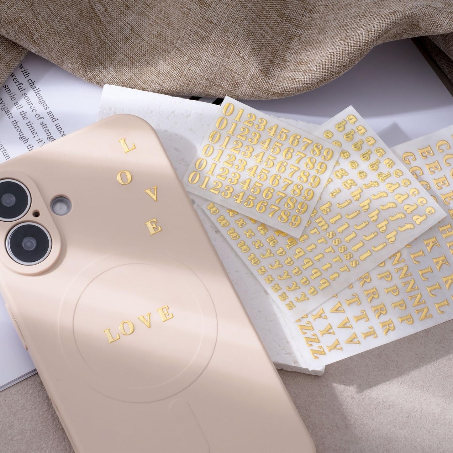 OIIKI 640pcs Small Metal Letter Number Stickers, 3D Self-Adhesive Mini Letter Stickers, 4.5mm Glitter Alphabet Number Decals Decoration Supplies for Scrapbook Nail Keyboard DIY Crafts- Gold
