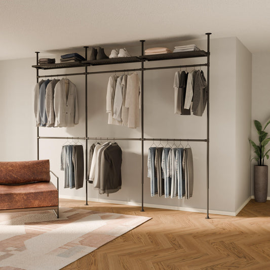 pamo Industrial Pipe Clothing Rack with Shelf - 550 lbs Capacity - Clamping Clothes Rack and Walk In Closet with Metal Shelf for Wardrobe