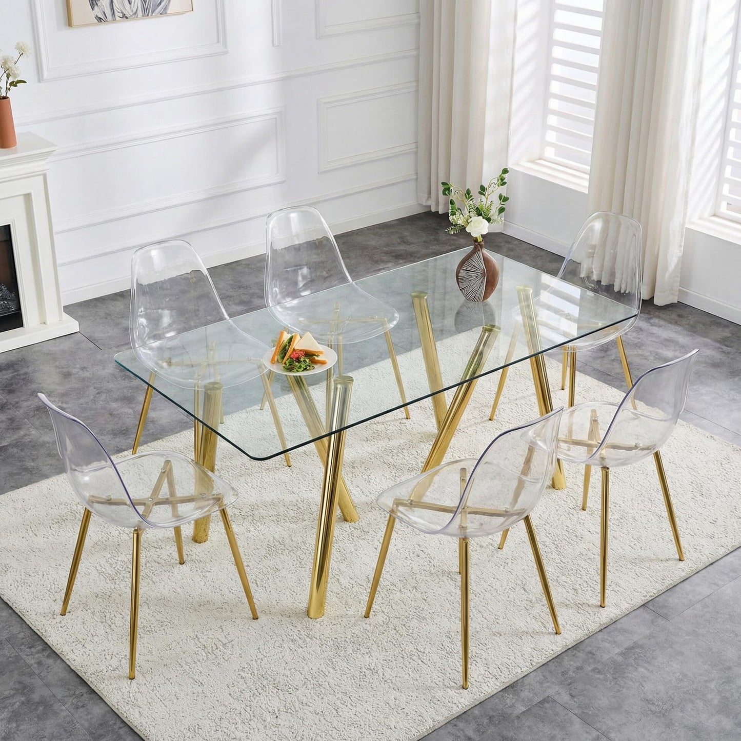 JEARGE Glass Dining Table Set for 6,7 Piece Dining Room Table Set for 6, 71" Modern Kitchen Table with Acrylic Dining Chairs,Suitable for Kitchen