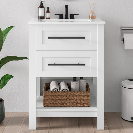 LIKIMIO 24" Bathroom Vanity with Sink, Freestanding Bathroom Vanity with 2 U-Shaped Drawers & Open Shelf, Integrated Ceramic Sink, Modern Bathroom Storage Cabinet for Small Space, Easy Assembly, White