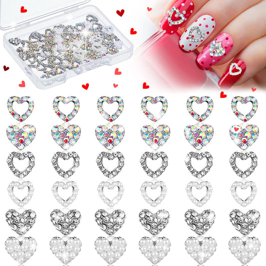 Leelosp 36 Pcs Heart Nail Charms for Nail Art, 3D Heart Rhinestone Decals Silver Crystal Charms Diamond Alloy Gems for Women Decorations