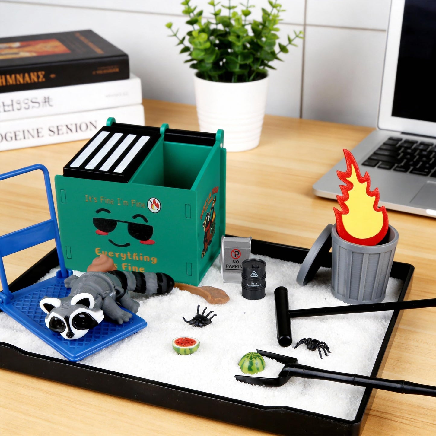 2026 New Dumpster Fire Zen Garden Desktop Kit with Raccoon Figurines - Funny Office Desk Accessory for Stress Relief, White Elephant Gifts, Coworker Gifts - Mini Sand Tray Therapy for Adults