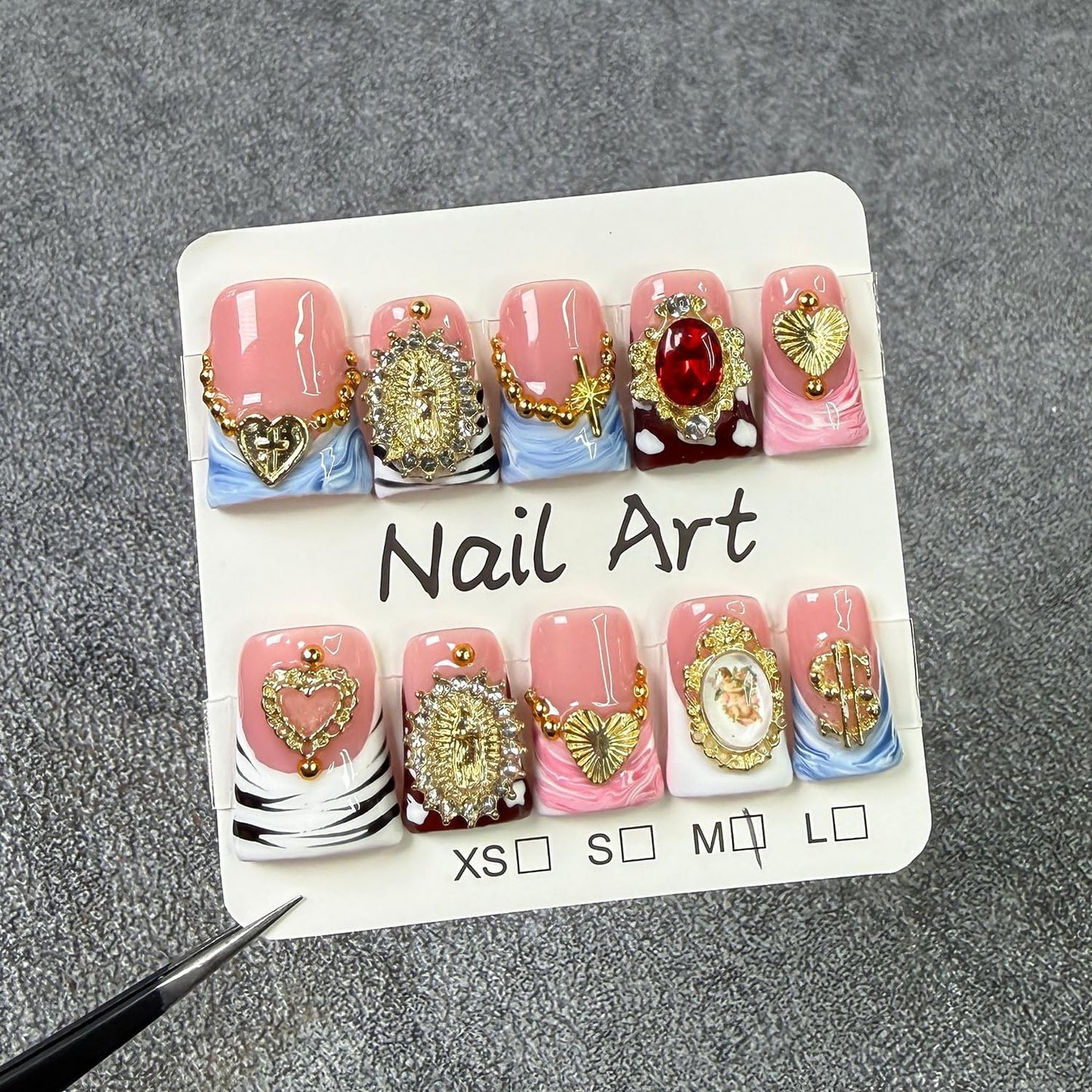 Handmade French Tip Press on Nails Short Duck 3D Thick Acrylic Nails Baroque False Nails with Rhinestones Oil Painting Designs Luxury Royal Fake Nail Sturdy Art Press on Nail 10Pcs(M)