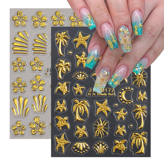 Summer Nail Stickers for Nail Art 5D Self-Adhesive Nail Decals Gold Starfish Sea Turtle Palm Sun Design Flower Nail Art Supplies for Women DIY Summer Beach Manicure Tip Decoration, 2Pcs