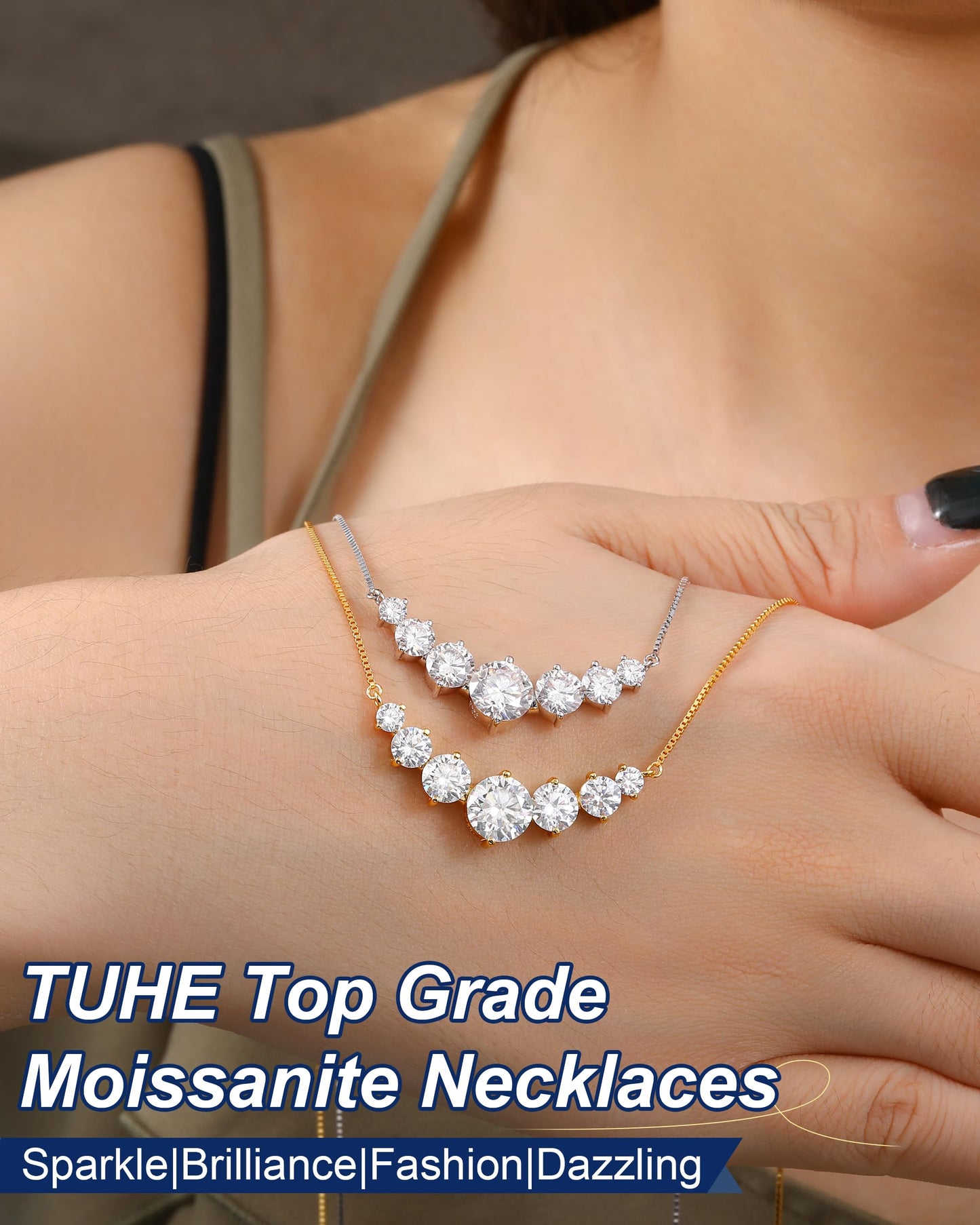 7 Stones Moissanite Pendant for Women, 2.8 Carat Moissanite Necklace 18k Yellow Gold Plated Sterling Silver Smile Pendant Necklaces 16.5+2.5inch Adjustable Box Chain Fashion Jewelry Gifts for Mom Wife