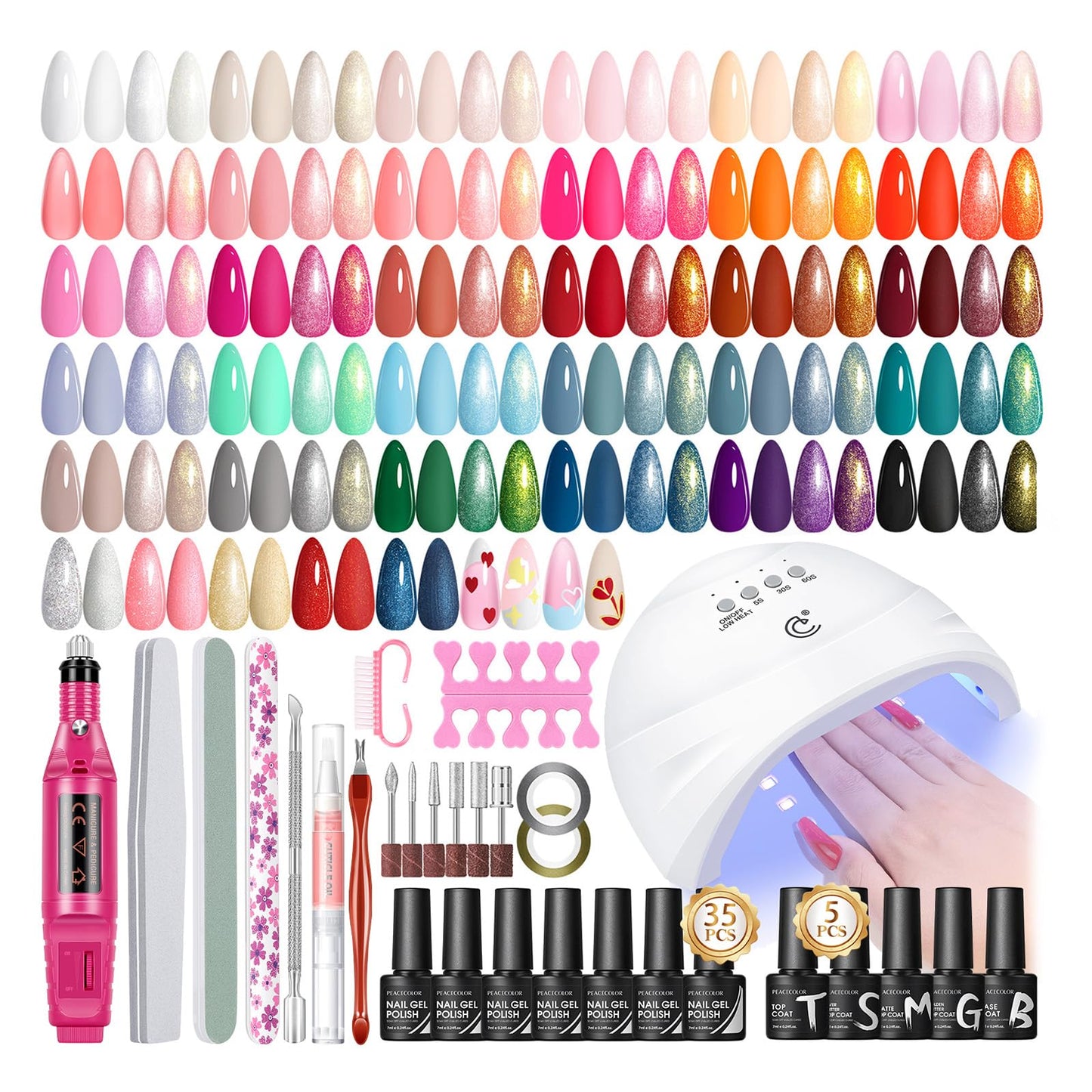 PEACECOLOR 53PC Gel Nail Polish Kit with U V Light and Drill 35 Colors Soak Off Gel Polish with Matte Glitter Glossy Top Base Coat Art Manicure Complete Nail Polish Kit Gifts for Women